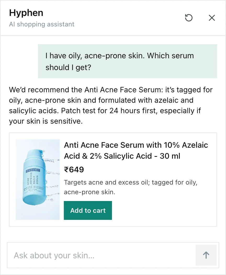 Concierge answering a shopper on a skincare store: it recommends one serum from the store’s catalogue and shows it as a card with its price and an Add to cart button.
